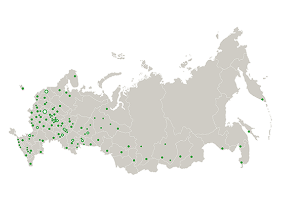 Карта России с отметками городов, где имеются представительства компании LIGRON